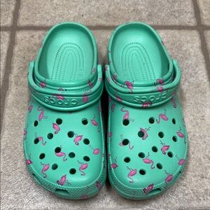 CROCS Teal Clogs with Pink Flamingos